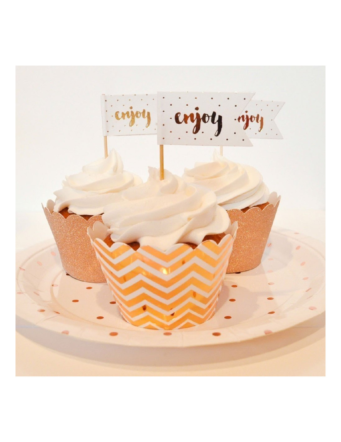 12 Piques Gateau Ecriture Enjoy Pois Rose Gold Les Bambetises