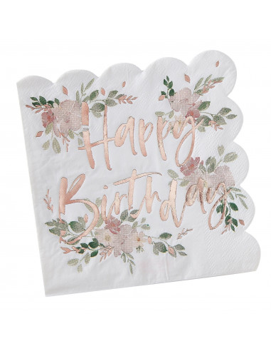 16 Grandes Serviettes Fleurs Happy Birthday Rose Gold Les Bambetises